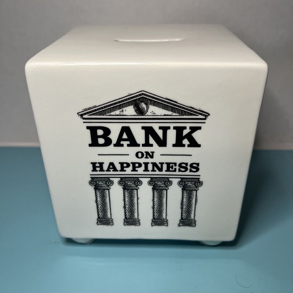 Hallmark Vtg Bank on Happiness Ceramic Square Cube Bank